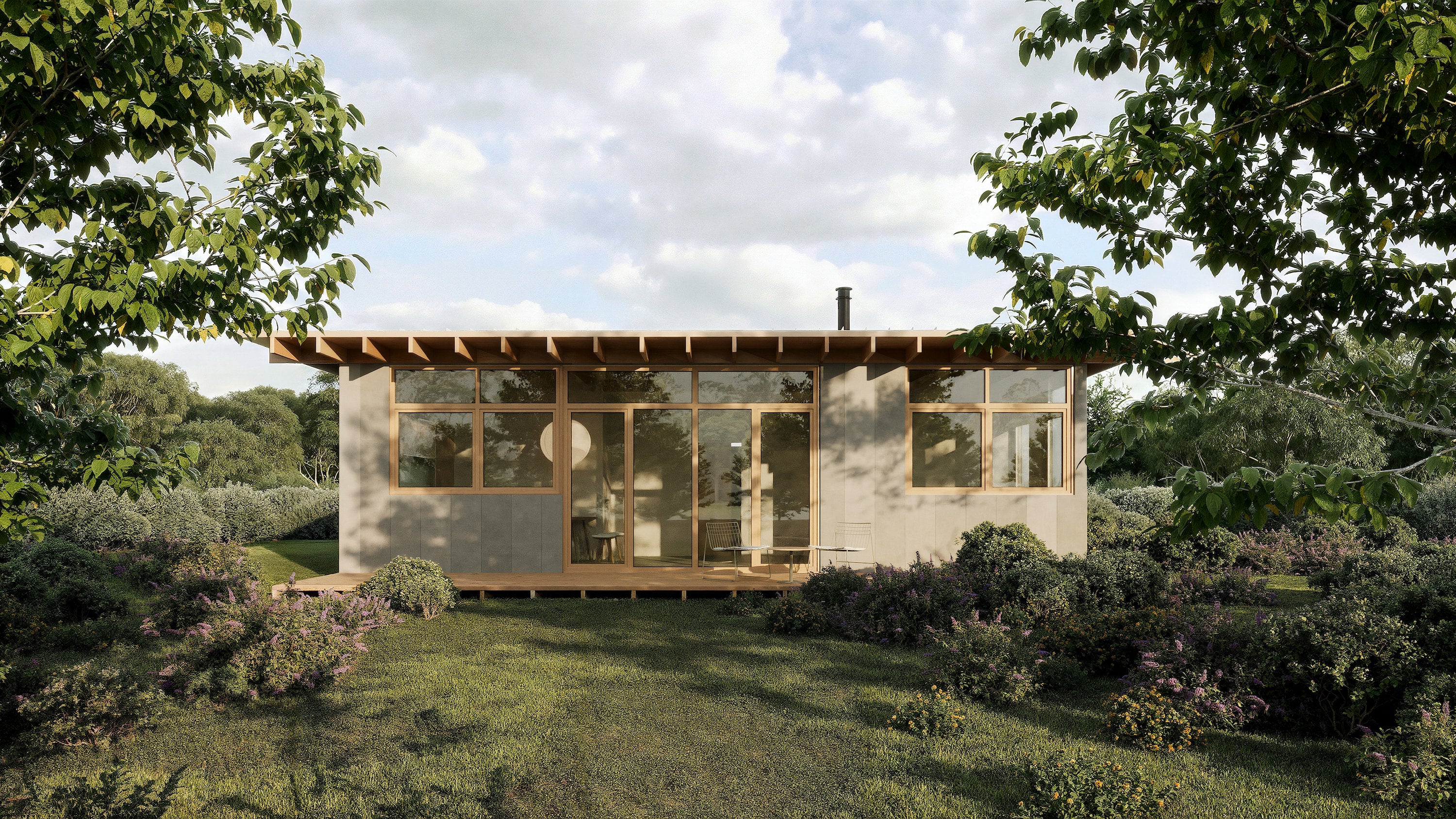 Small modern home with exposed rafters in a bush setting