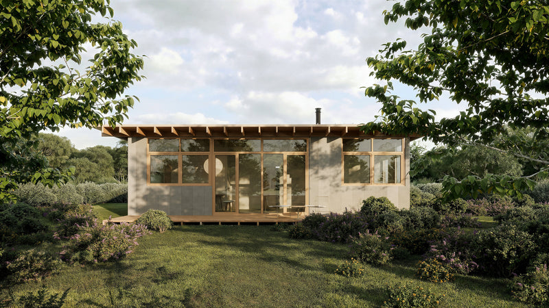 Small modern home with exposed rafters in a bush setting