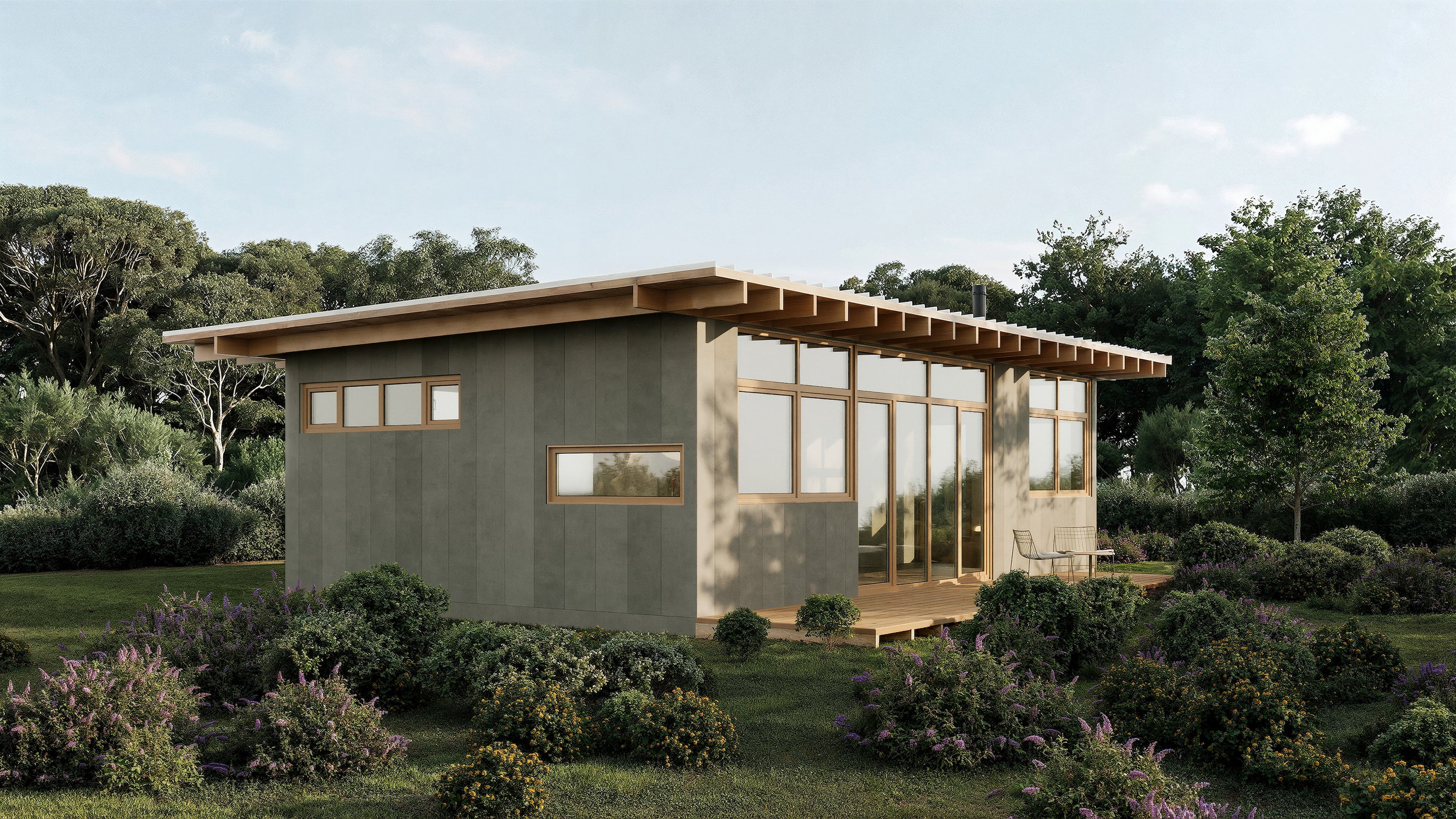 Small modern home with exposed rafters in a bush setting