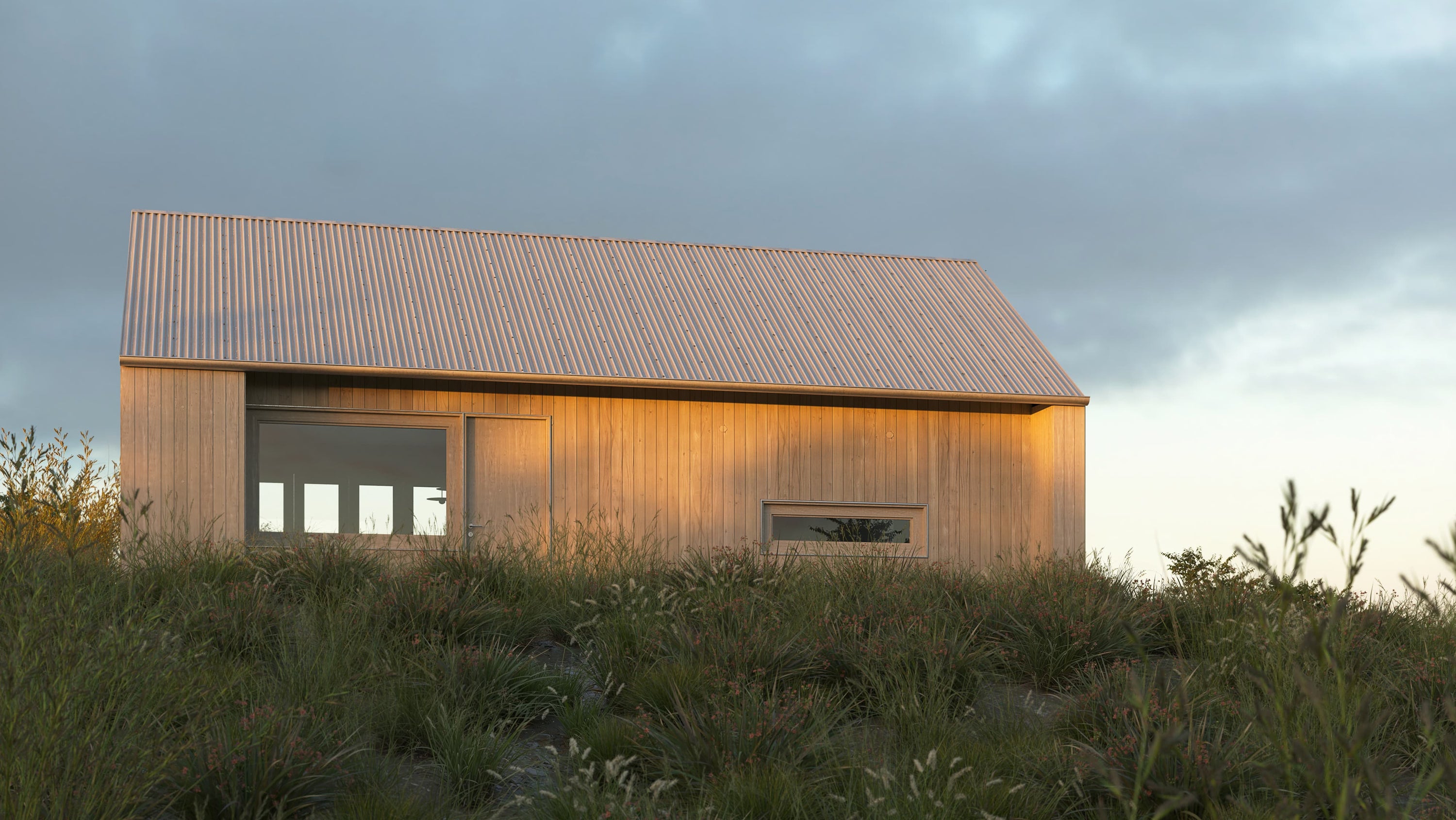 Wooden cabin in a grassy field with a cloudy sky
