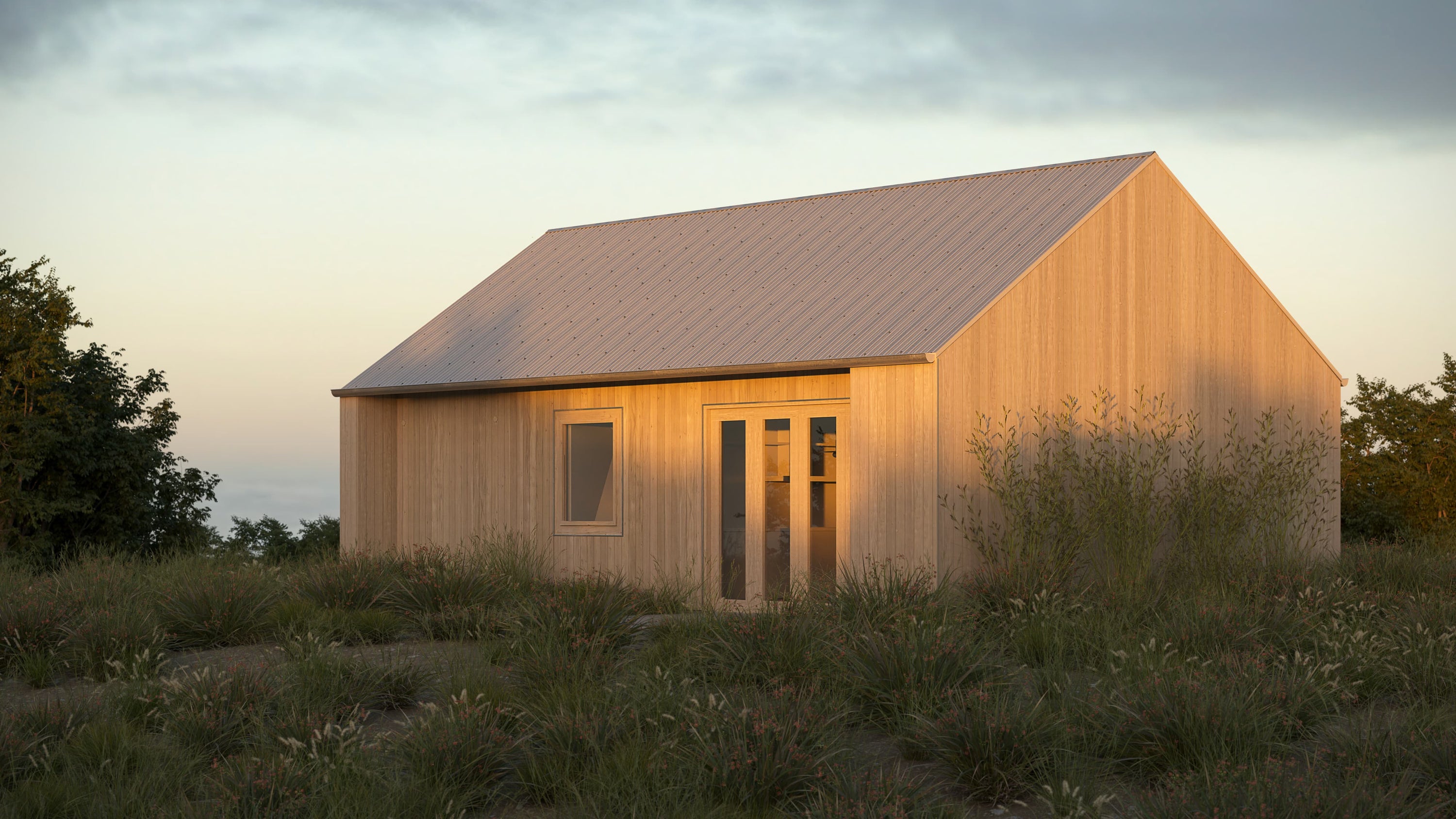 Modern wooden cabin in a natural setting with a warm glow
