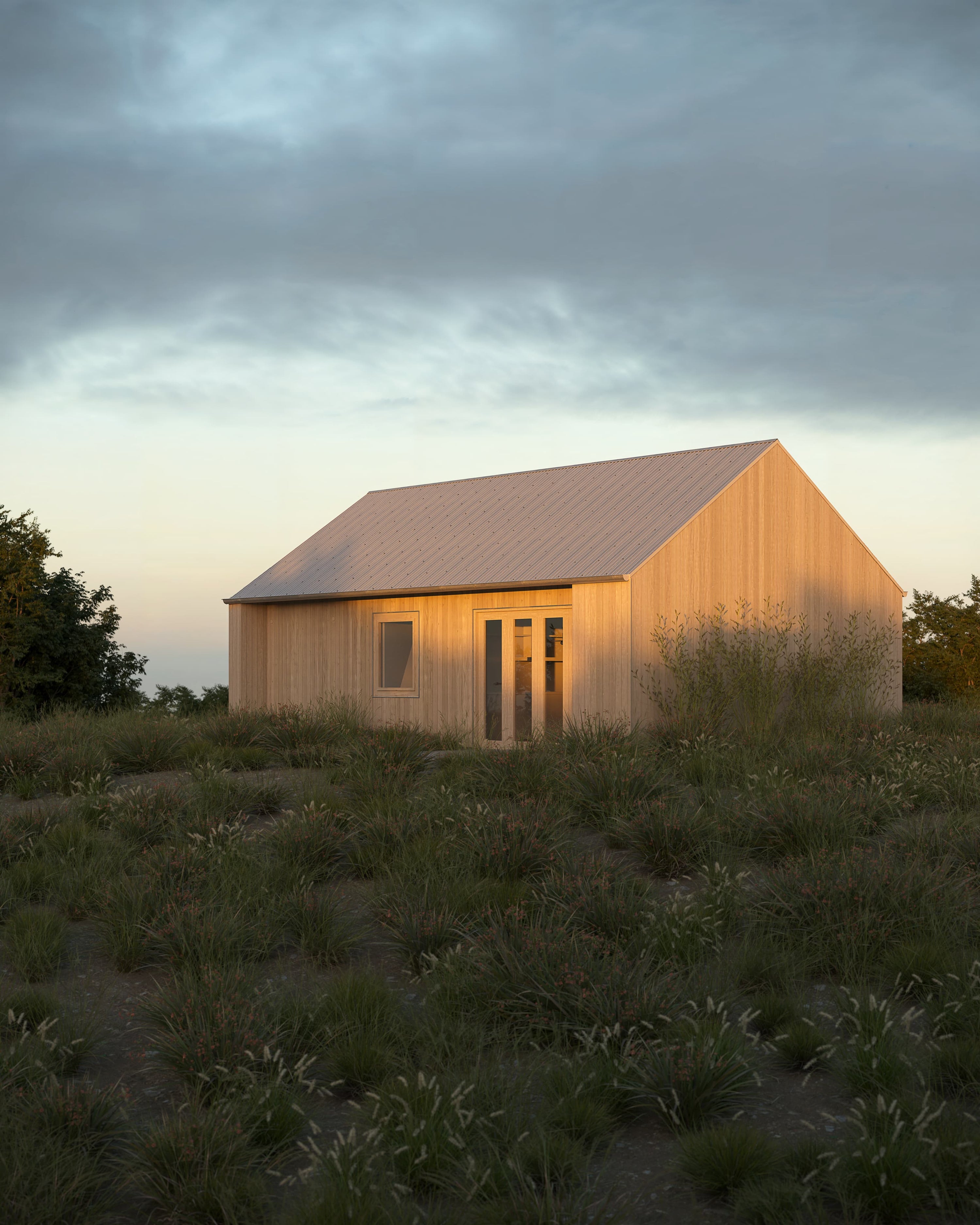 Wooden cabin in a field under a dark, stormy sky
