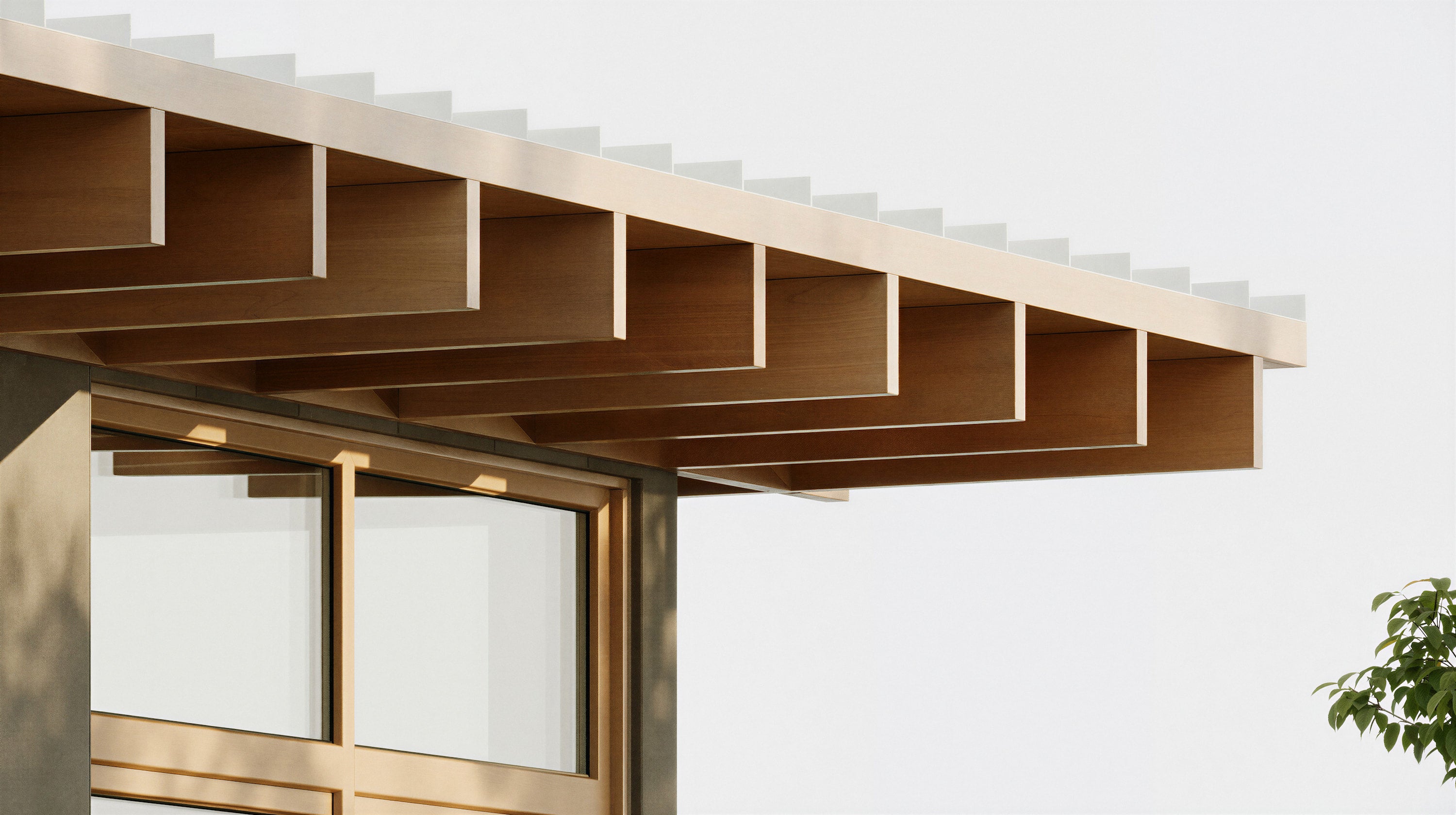 Modern architectural detail of a building with wooden beams and glass panels.